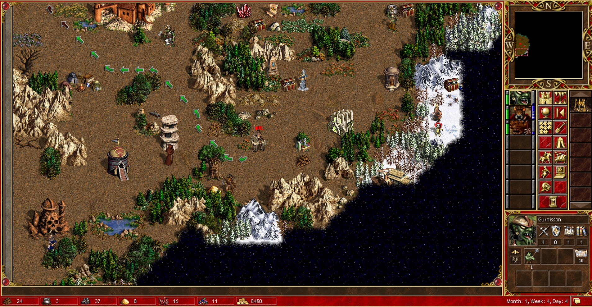 Giao diện Adventure Map trong Heroes 3 với tướng, thành và các đối tượng trên bản đồ