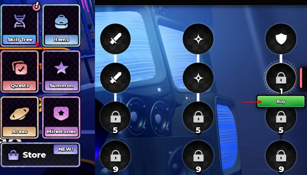 Mục Skill Tree trong menu Anime Zero và nút Buy để mua nâng cấp