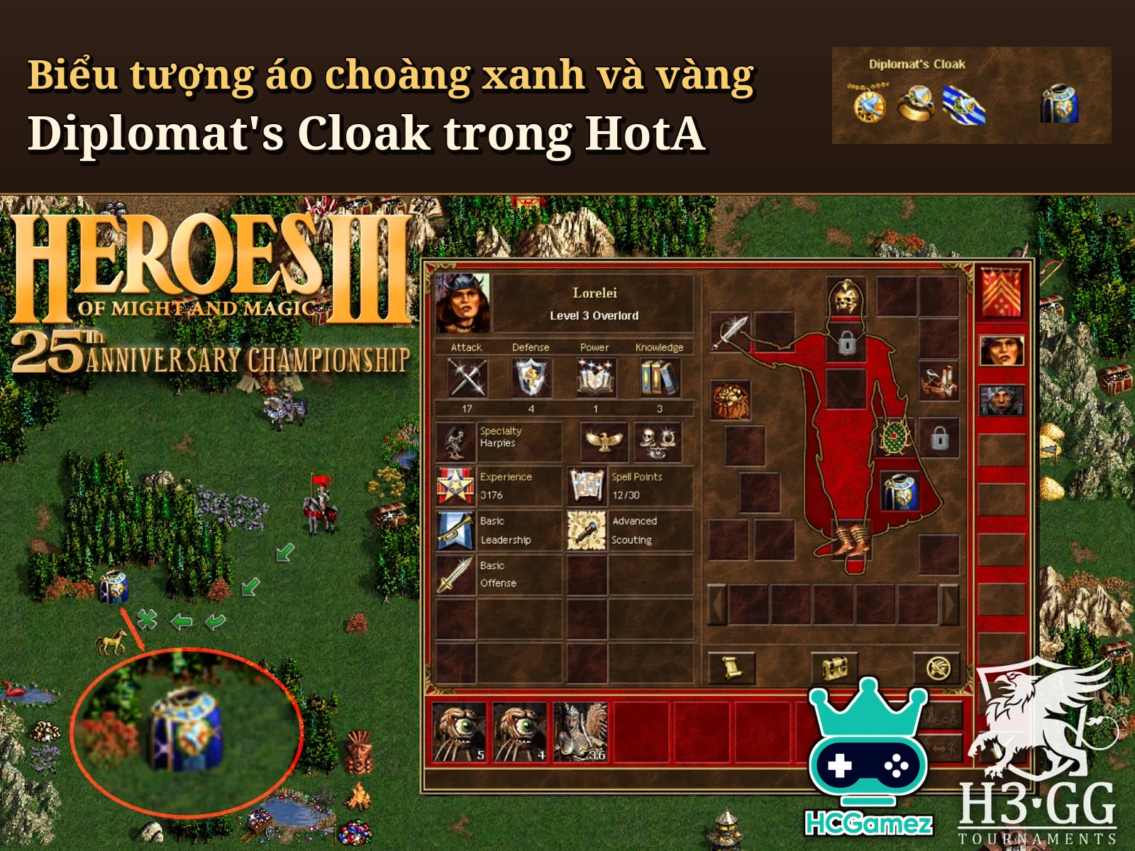 Biểu tượng áo choàng xanh và vàng Diplomat's Cloak trong HotA