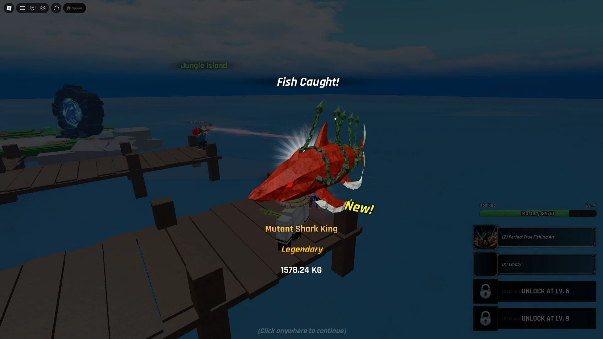 Cảnh câu cá lớn trong Fishing Master trên Roblox, minh họa lối chơi sử dụng sức mạnh và kỹ năng