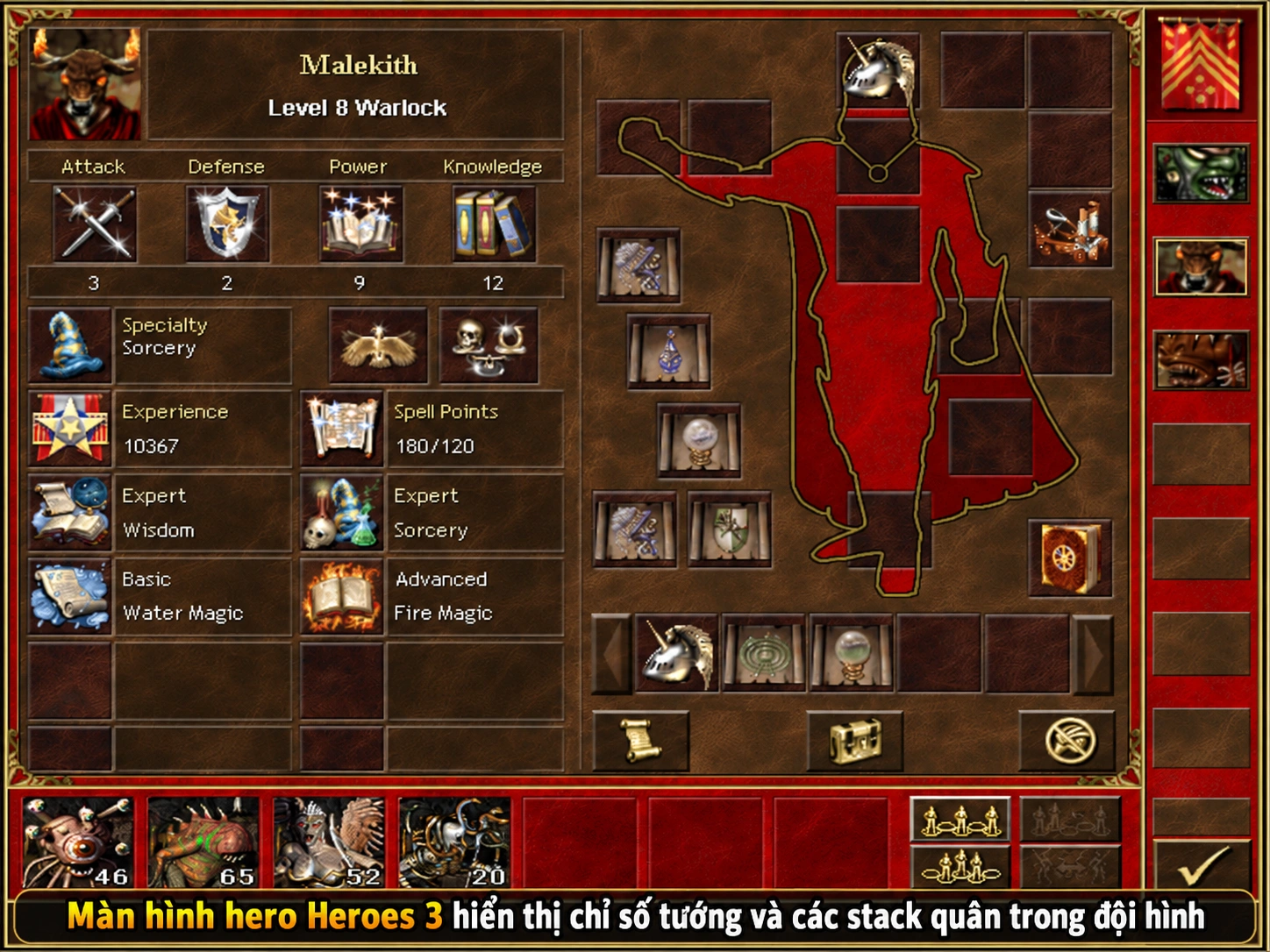 Màn hình hero Heroes 3 hiển thị chỉ số tướng và các stack quân trong đội hình