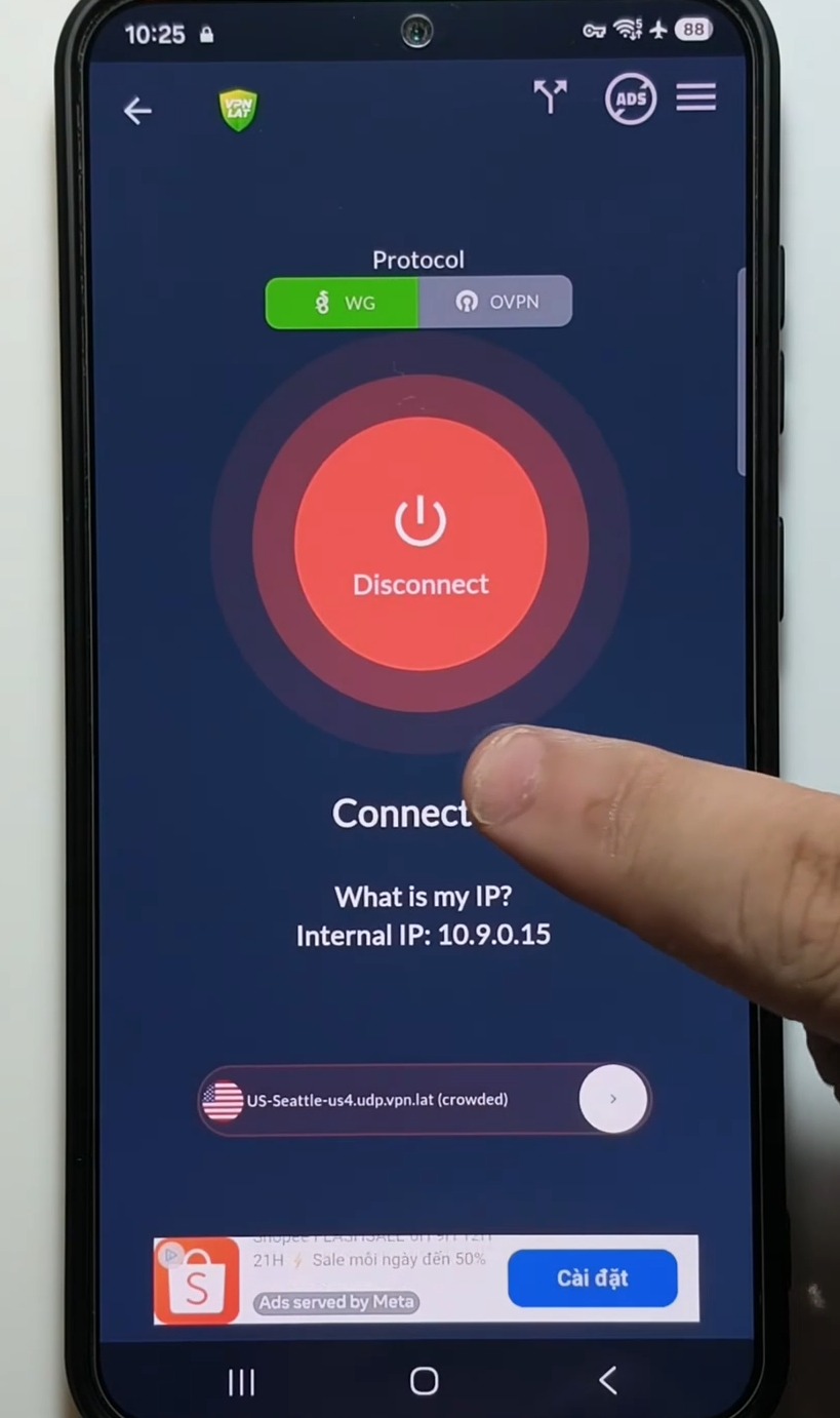 Trạng thái kết nối VPN LAT với nút DISCONNECT