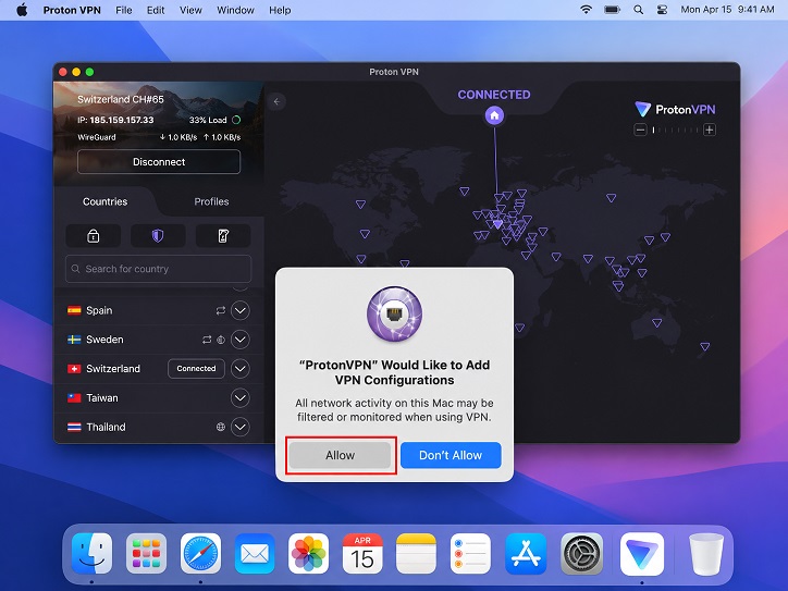 Proton VPN trên macOS hiển thị trạng thái đã kết nối.
