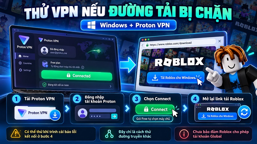 Proton VPN trên Windows hiển thị trạng thái đã kết nối và vị trí máy chủ.