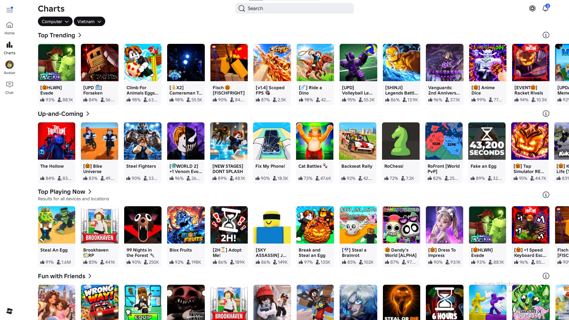Màn hình ứng dụng Roblox sau khi mở trên Windows.