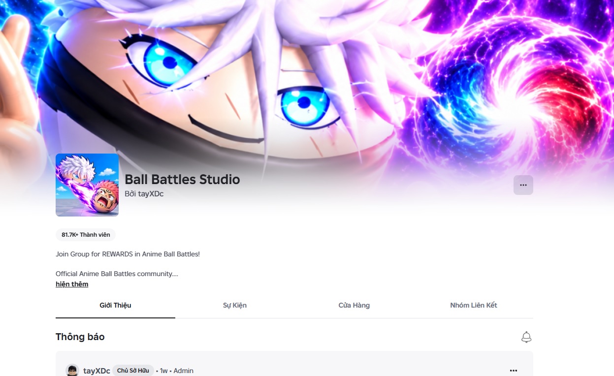 Tên Ball Battles Studio trên trang cộng đồng Roblox.