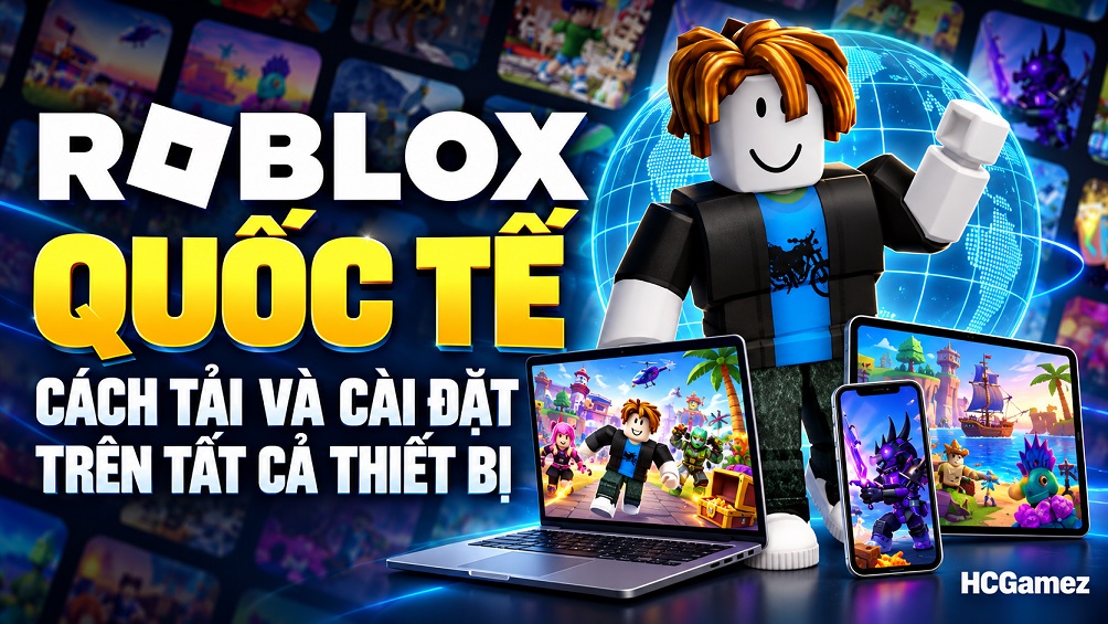 Roblox quốc tế với nhân vật Roblox cùng laptop, máy tính bảng và điện thoại.