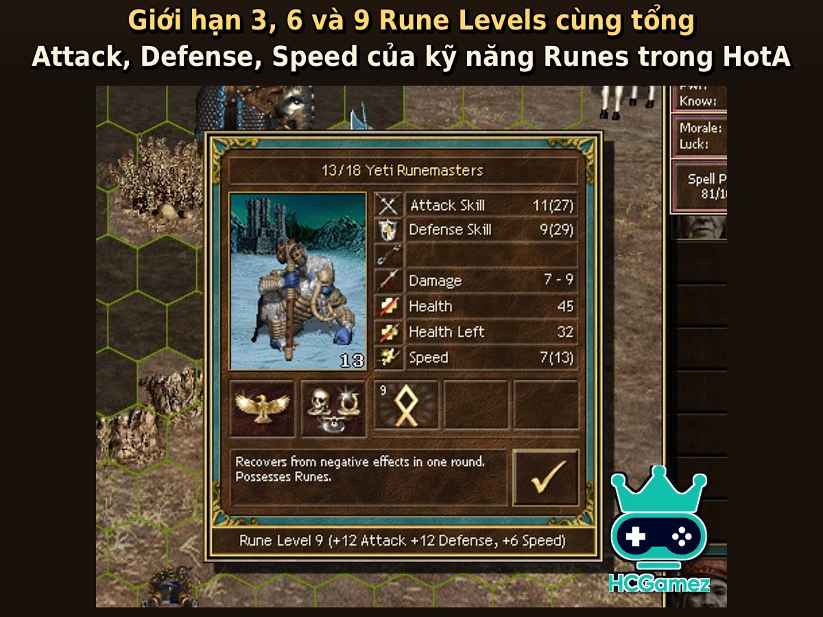 Giới hạn 3, 6 và 9 Rune Levels cùng tổng Attack, Defense, Speed của kỹ năng Runes trong HotA