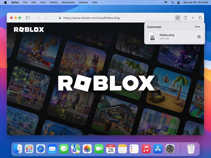 Tệp Roblox.dmg được tải từ setup.rbxcdn.com trong trình duyệt trên Mac.