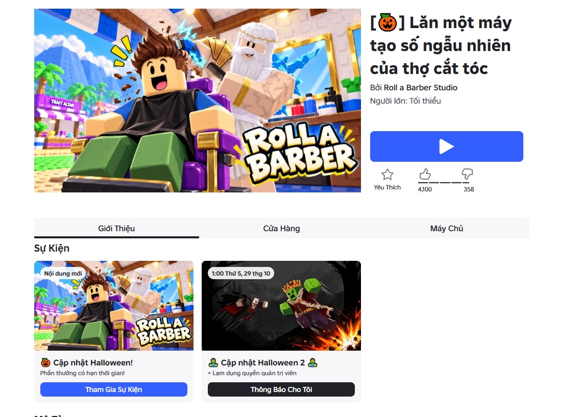 Trang Roll a Barber RNG trên Roblox hiển thị tên game và Roll a Barber Studio.