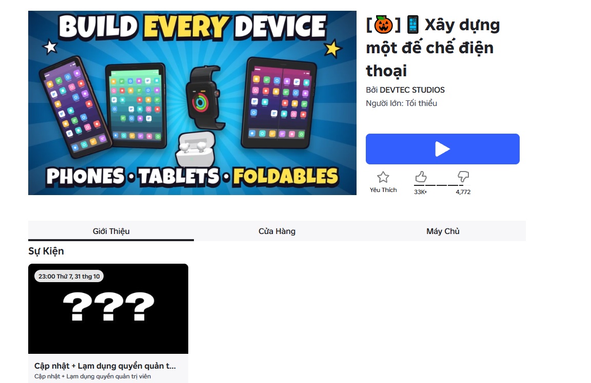 Trang Roblox hiển thị Build a Phone Empire và nhóm DEVTEC STUDIOS